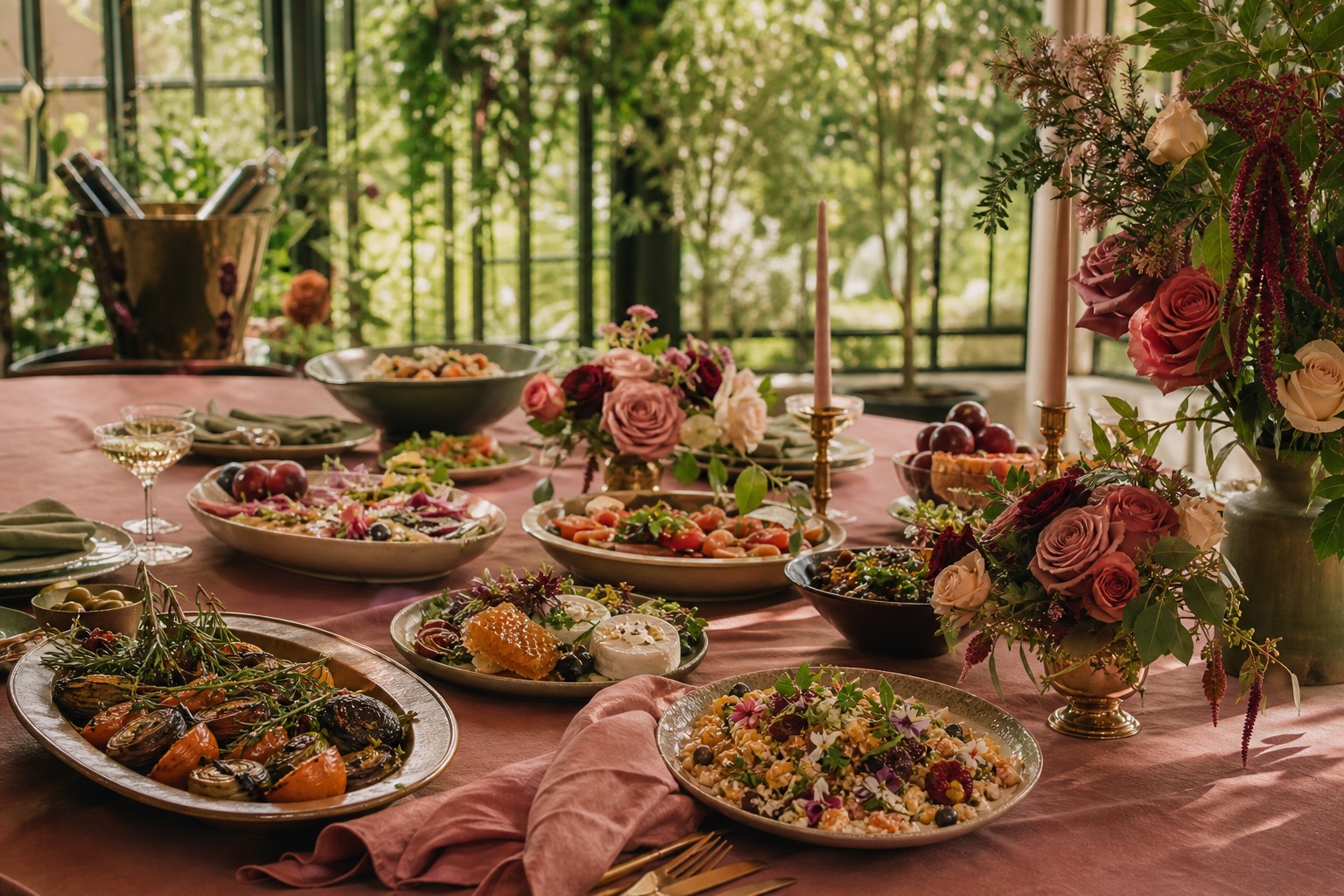 Elegant catered gathering table with seasonal shared plates and rose-toned florals
